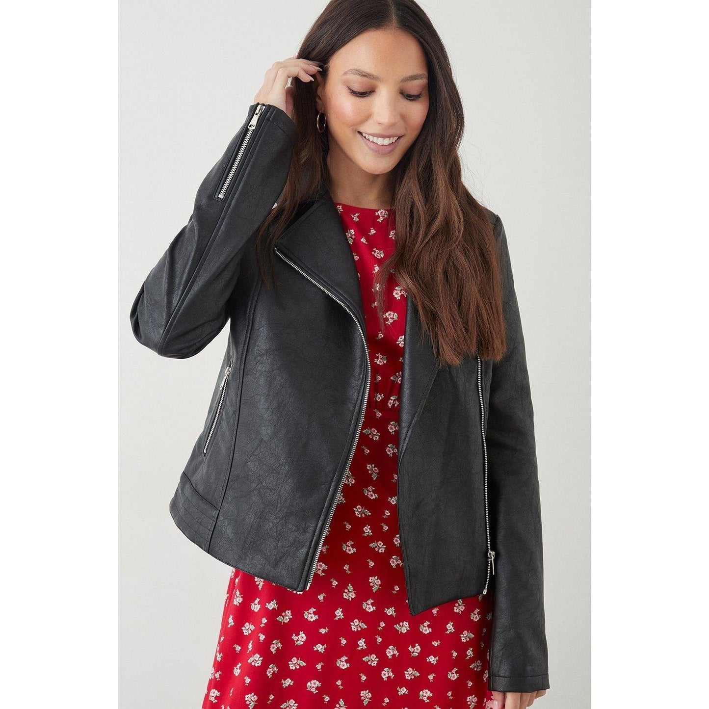 Black - Pack Shot - Dorothy Perkins Womens-Ladies Faux Leather Tall Biker Jacket