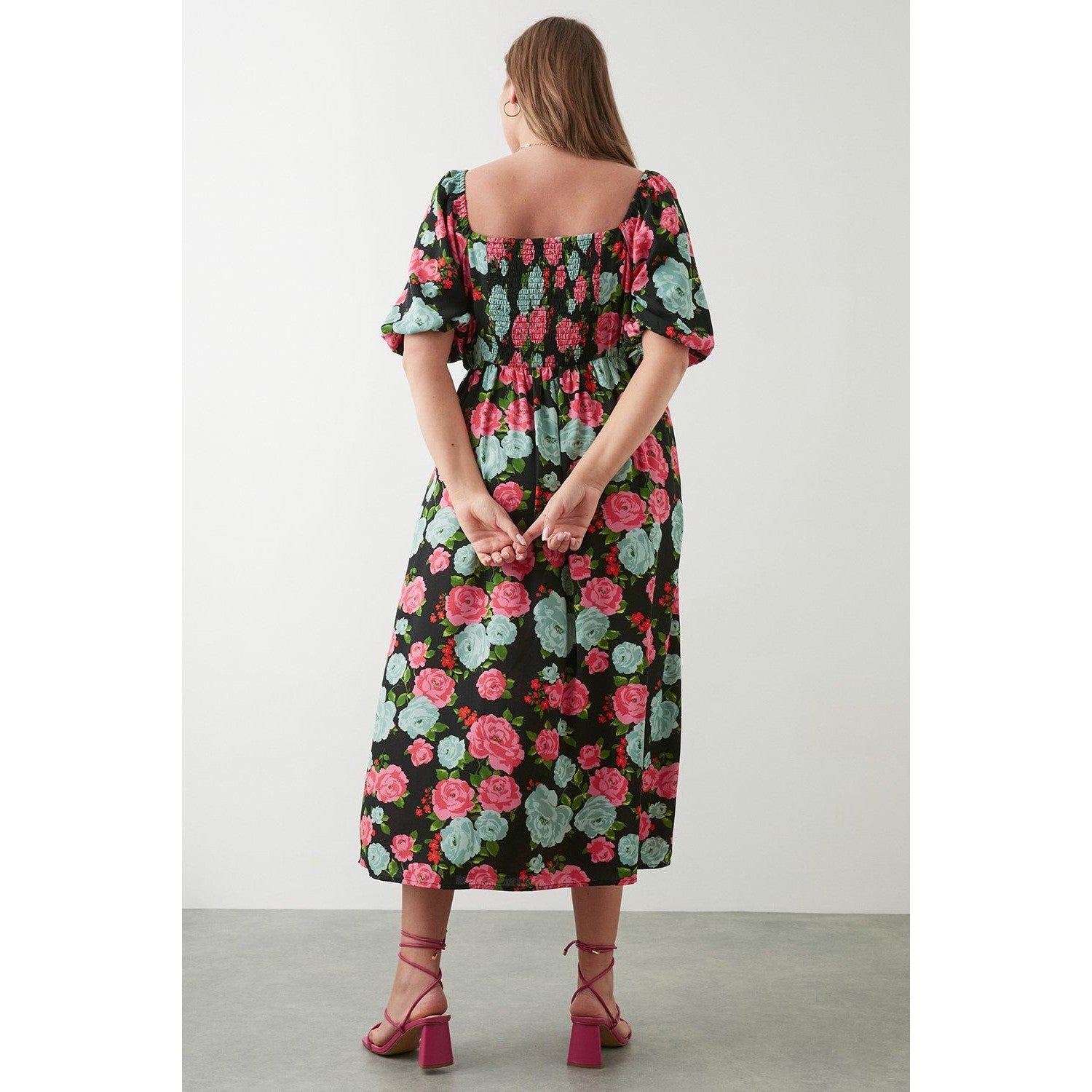 Black-Pink - Back - Dorothy Perkins Womens-Ladies Floral Square Neck Plus Midi Dress