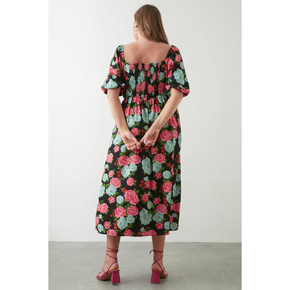 Black-Pink - Back - Dorothy Perkins Womens-Ladies Floral Square Neck Plus Midi Dress