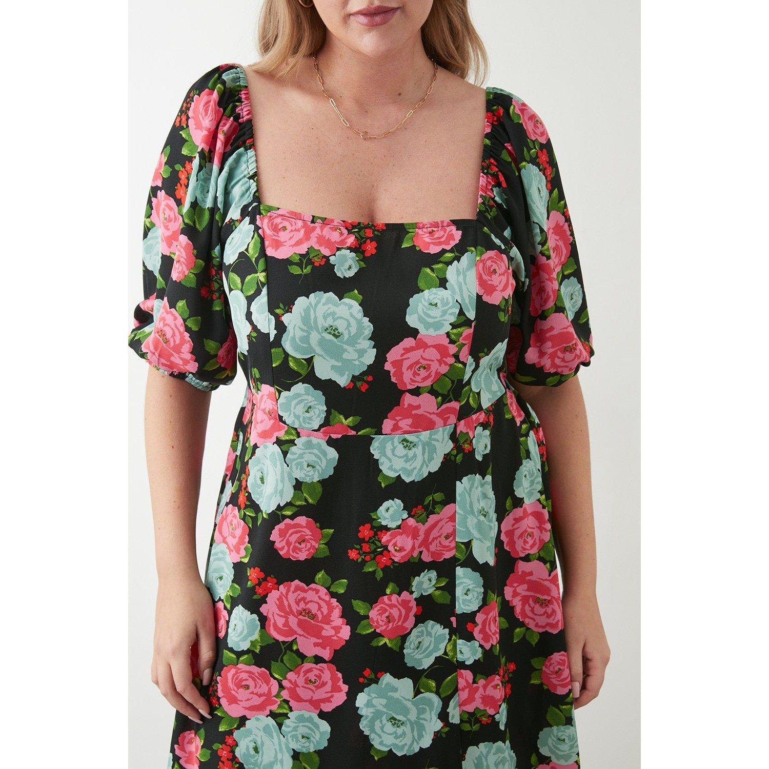Black-Pink - Side - Dorothy Perkins Womens-Ladies Floral Square Neck Plus Midi Dress