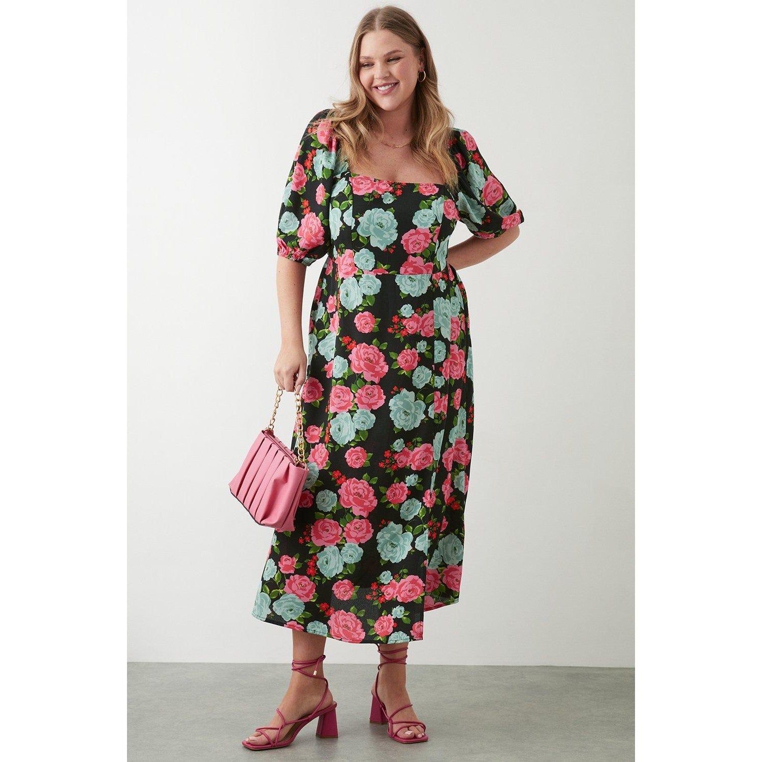 Black-Pink - Lifestyle - Dorothy Perkins Womens-Ladies Floral Square Neck Plus Midi Dress