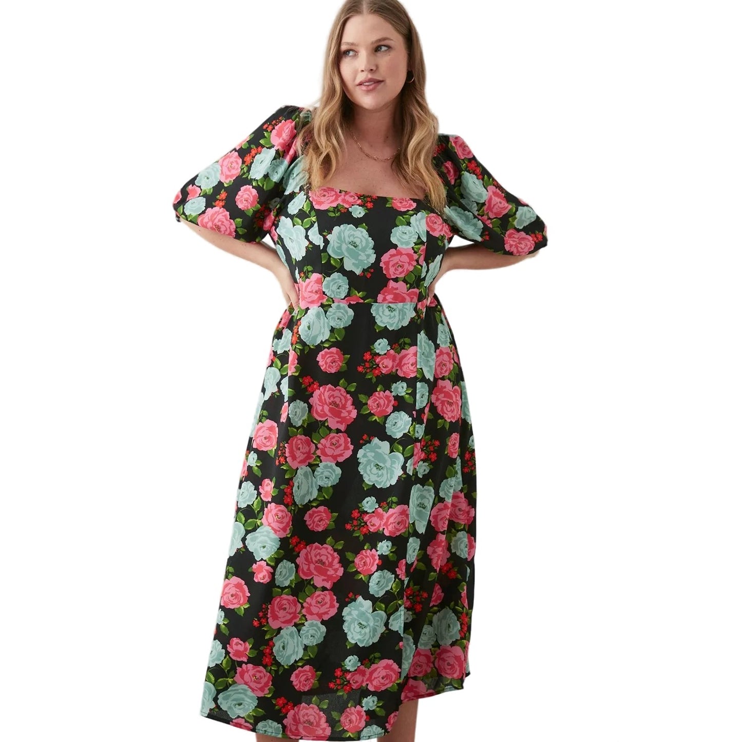Black-Pink - Front - Dorothy Perkins Womens-Ladies Floral Square Neck Plus Midi Dress