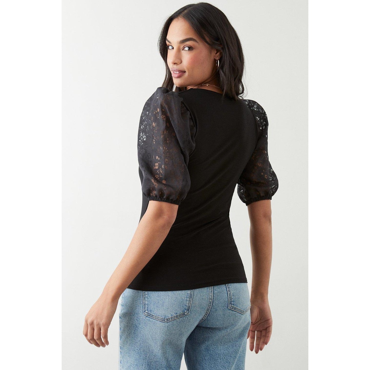 Black - Back - Dorothy Perkins Womens-Ladies Floral Organza Square Neck Short-Sleeved Top
