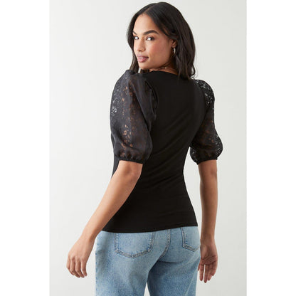 Black - Back - Dorothy Perkins Womens-Ladies Floral Organza Square Neck Short-Sleeved Top