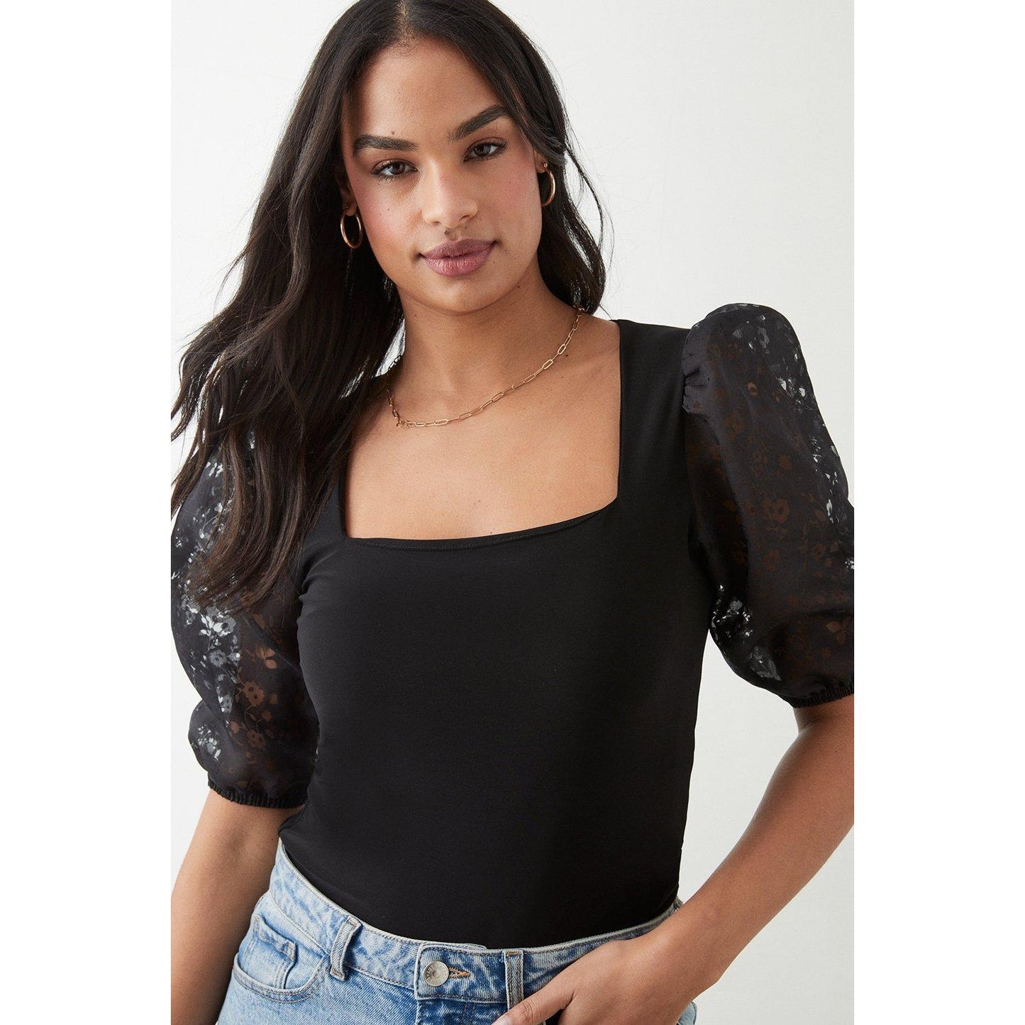 Black - Side - Dorothy Perkins Womens-Ladies Floral Organza Square Neck Short-Sleeved Top