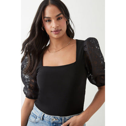 Black - Side - Dorothy Perkins Womens-Ladies Floral Organza Square Neck Short-Sleeved Top