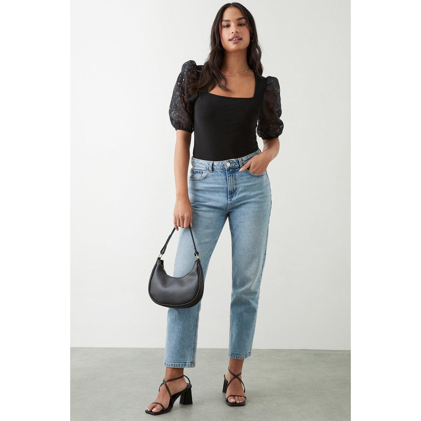 Black - Lifestyle - Dorothy Perkins Womens-Ladies Floral Organza Square Neck Short-Sleeved Top