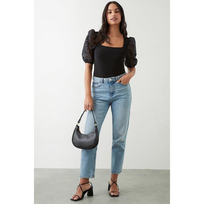 Black - Lifestyle - Dorothy Perkins Womens-Ladies Floral Organza Square Neck Short-Sleeved Top