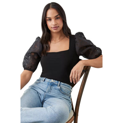 Black - Front - Dorothy Perkins Womens-Ladies Floral Organza Square Neck Short-Sleeved Top