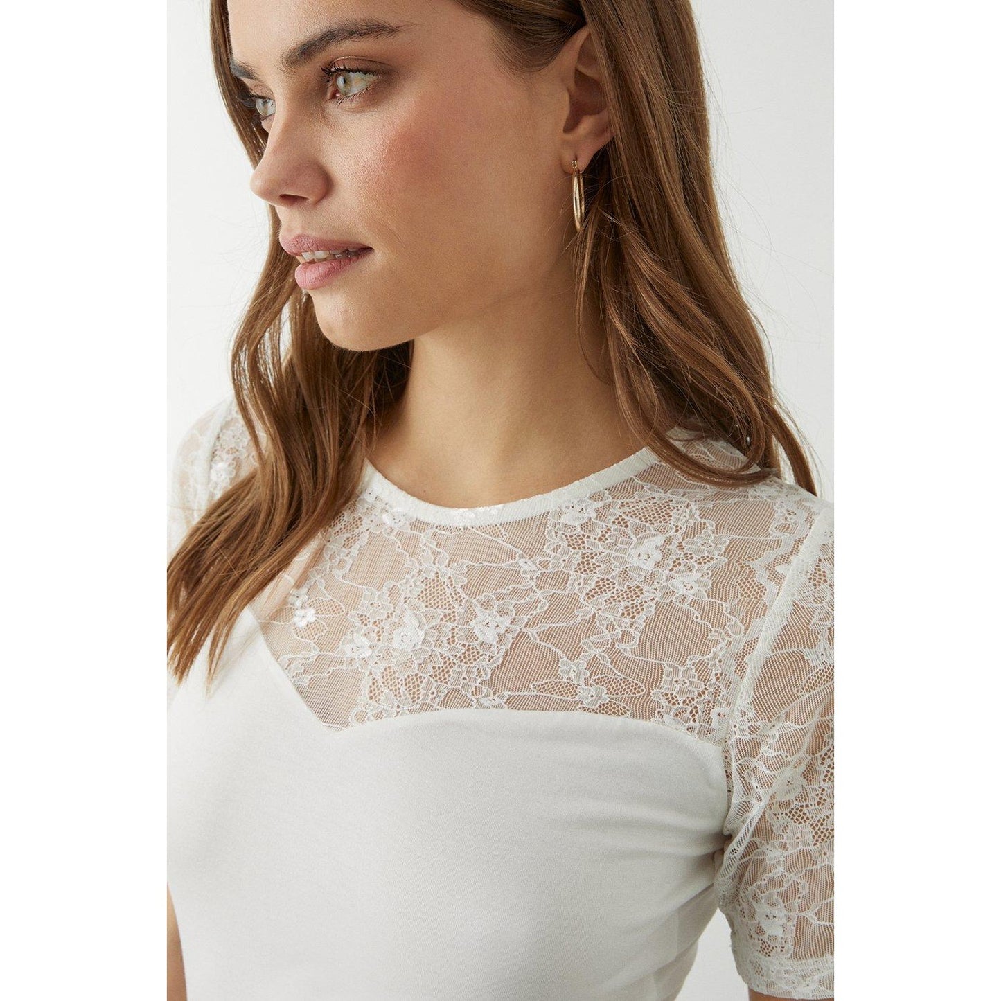 Ivory - Side - Dorothy Perkins Womens-Ladies Lace Detail Short-Sleeved Top
