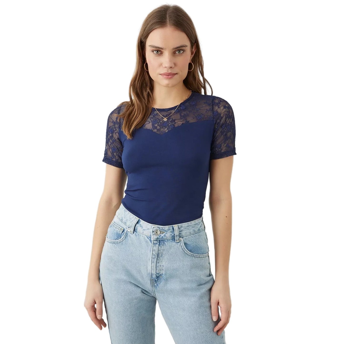 Navy - Front - Dorothy Perkins Womens-Ladies Lace Detail Short-Sleeved Top