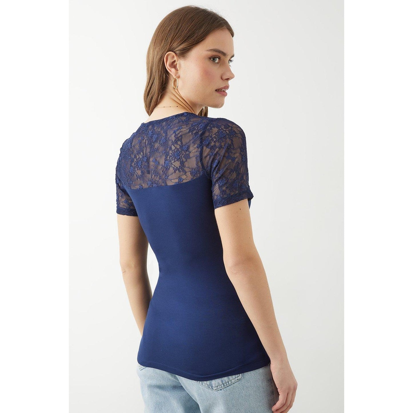Navy - Back - Dorothy Perkins Womens-Ladies Lace Detail Short-Sleeved Top