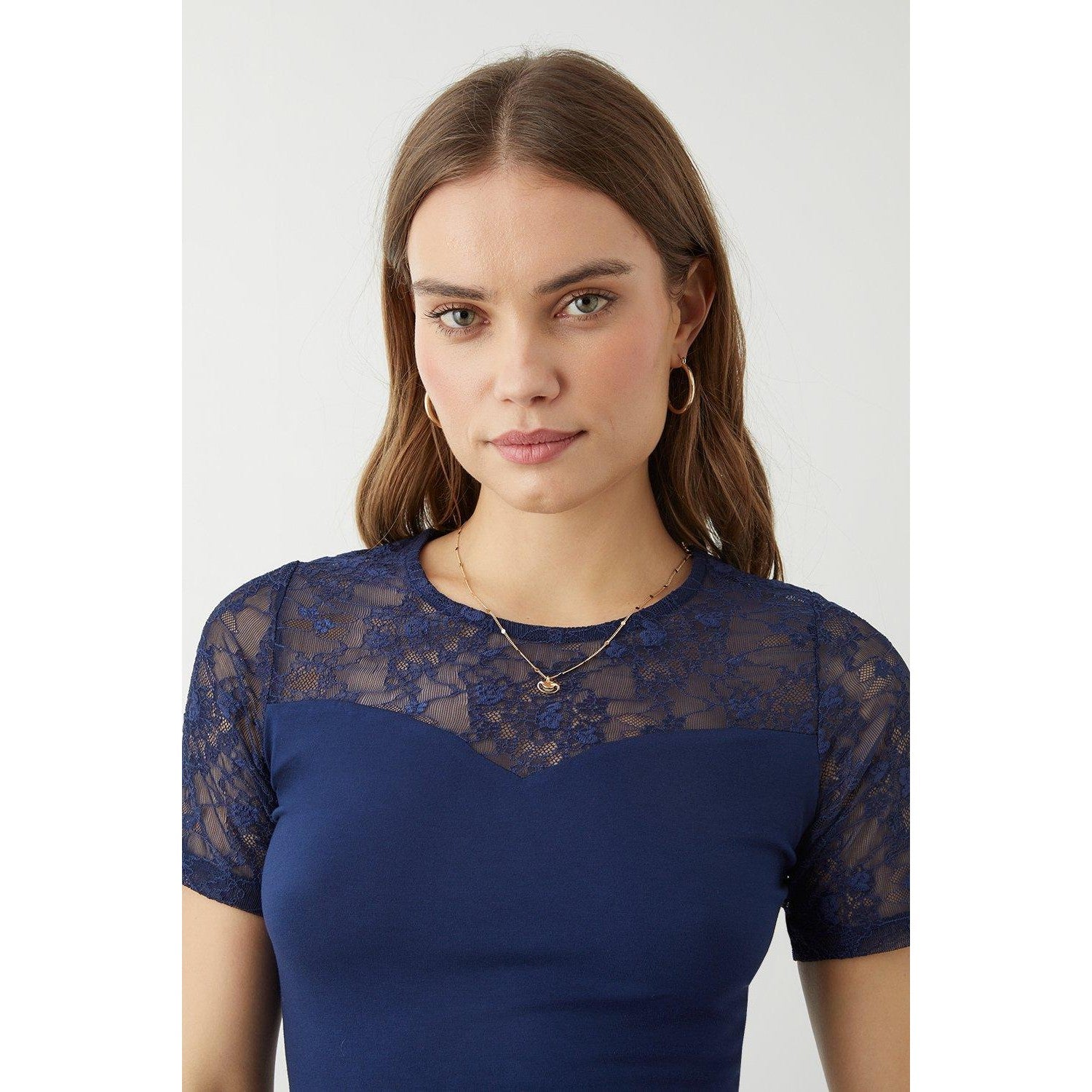 Navy - Side - Dorothy Perkins Womens-Ladies Lace Detail Short-Sleeved Top