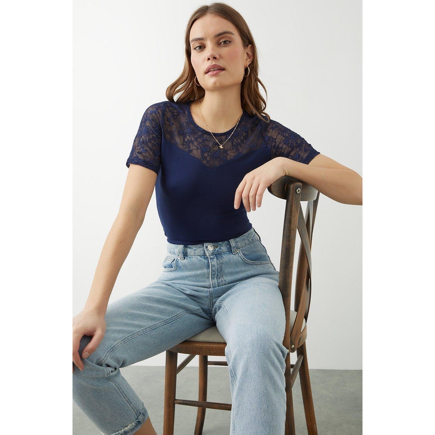 Navy - Lifestyle - Dorothy Perkins Womens-Ladies Lace Detail Short-Sleeved Top
