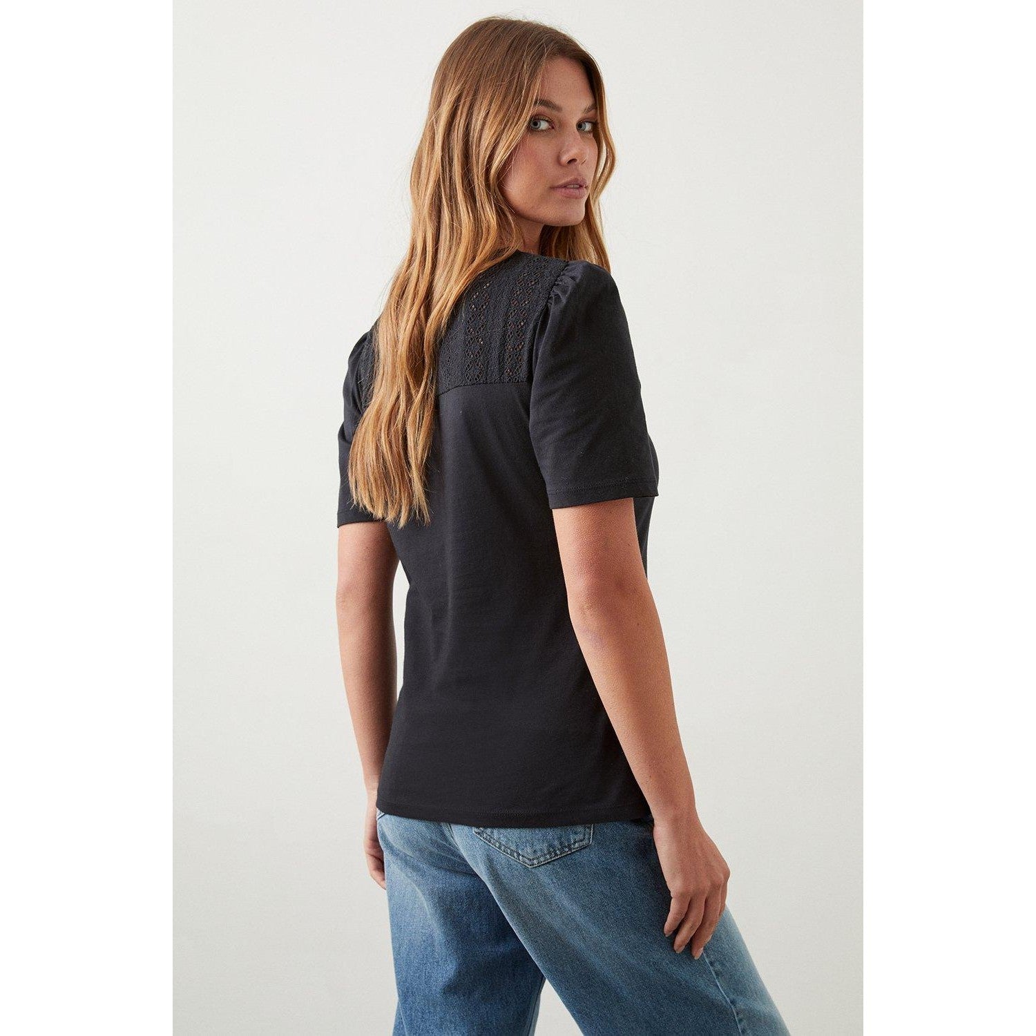 Black - Back - Dorothy Perkins Womens-Ladies Broderie Yoke Detail Top