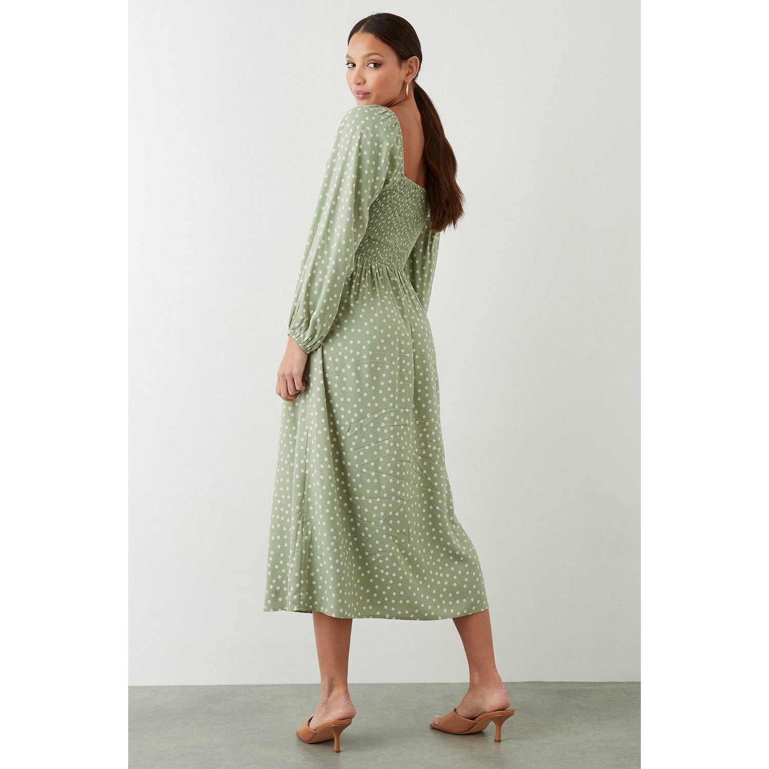 Sage - Back - Dorothy Perkins Womens-Ladies Ditsy Print Shirred Bodice Midi Dress