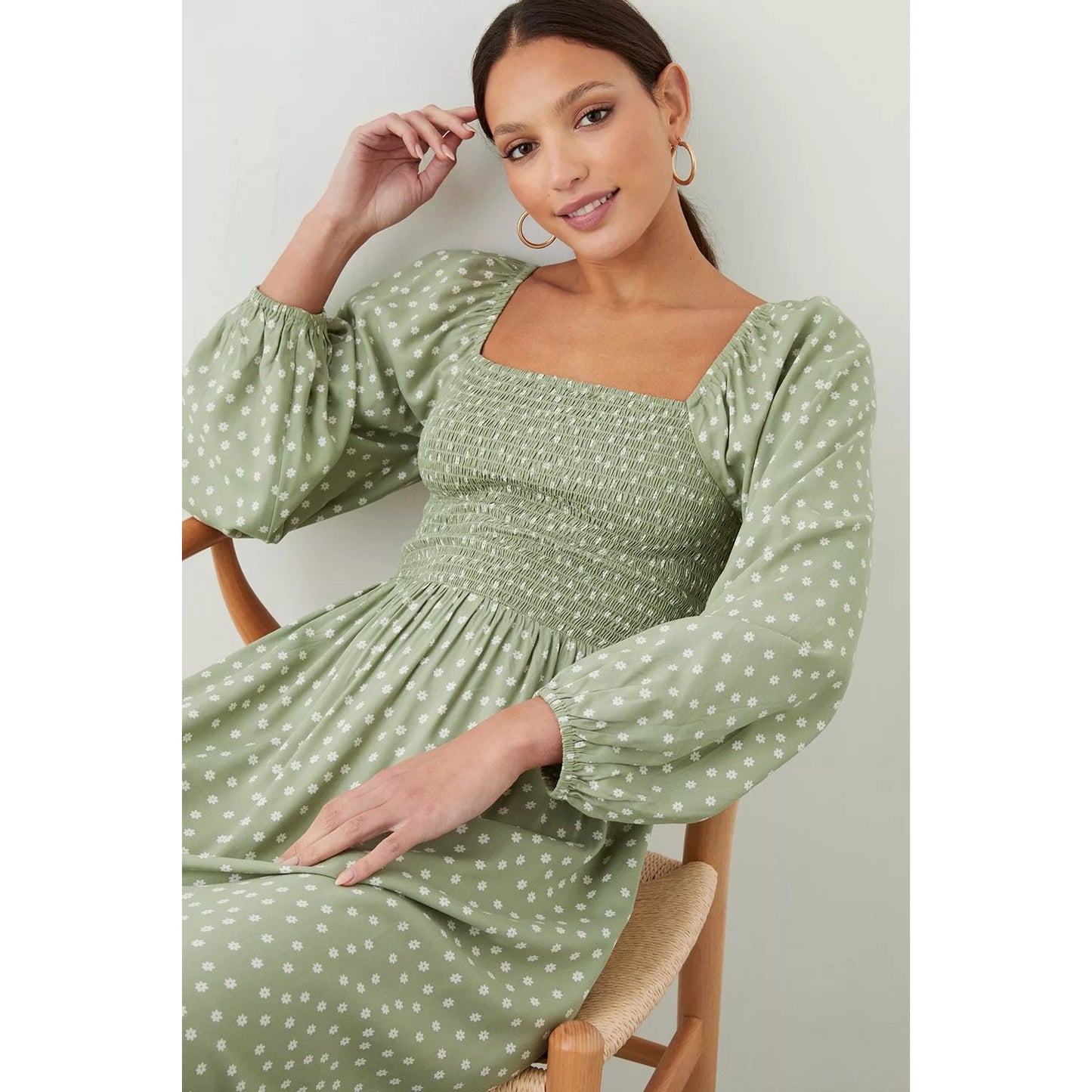 Sage - Side - Dorothy Perkins Womens-Ladies Ditsy Print Shirred Bodice Midi Dress