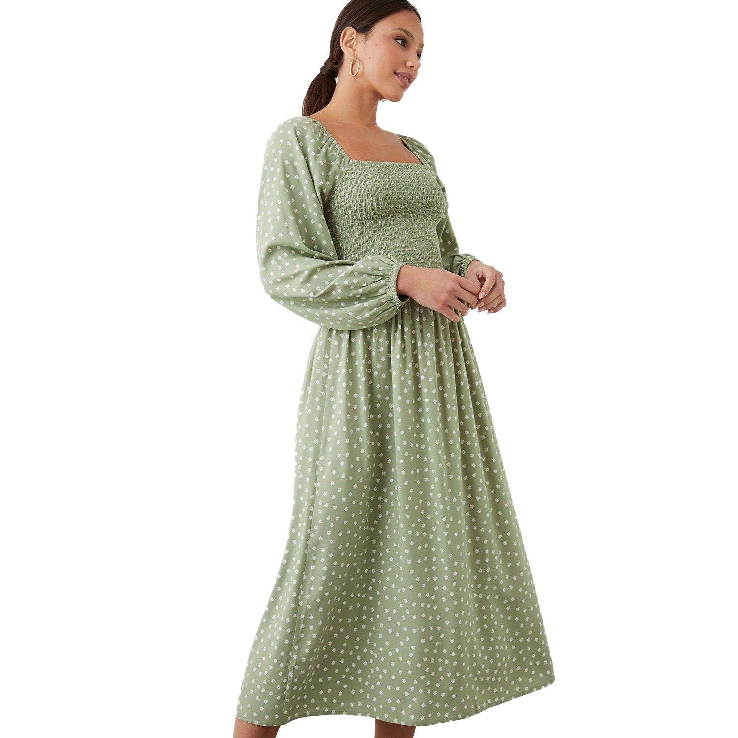 Sage - Front - Dorothy Perkins Womens-Ladies Ditsy Print Shirred Bodice Midi Dress