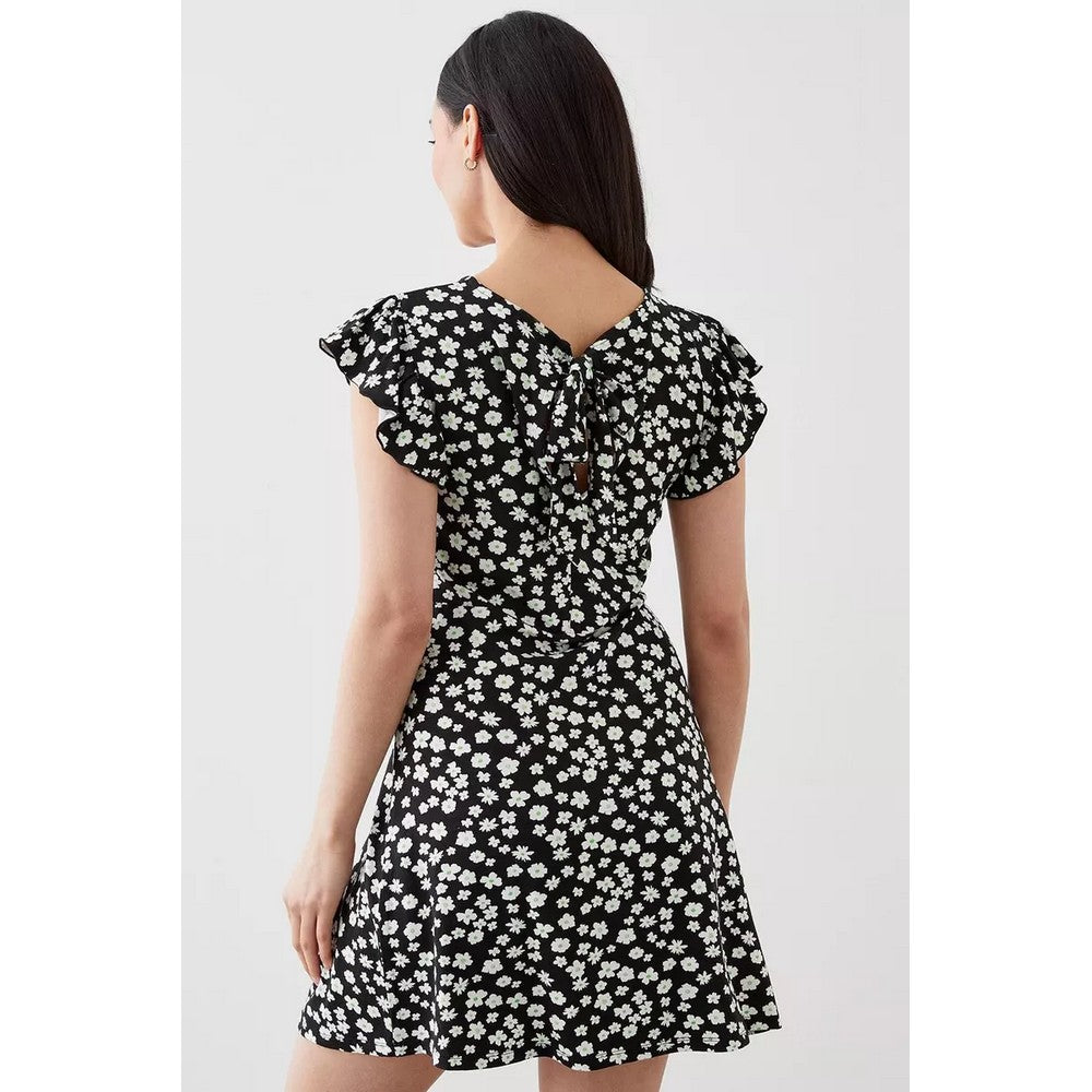 Monochrome - Back - Dorothy Perkins Womens-Ladies Ditsy Print Petite Frill Mini Dress