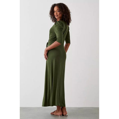 Khaki - Back - Dorothy Perkins Womens-Ladies Wrap Tall Ruched Midi Dress
