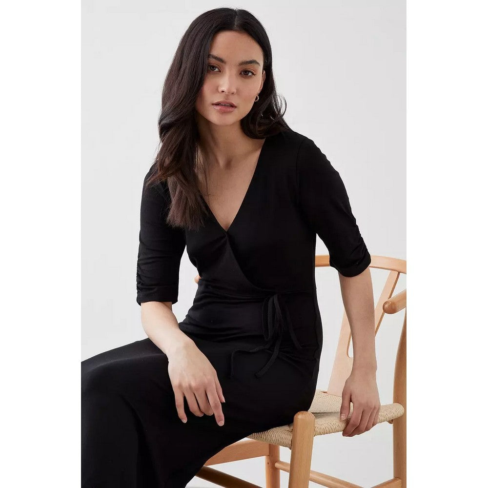 Black - Side - Dorothy Perkins Womens-Ladies Wrap Petite Ruched Midi Dress