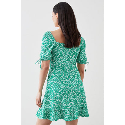 Green - Back - Dorothy Perkins Womens-Ladies Ditsy Print Petite Tie Sleeves Mini Dress