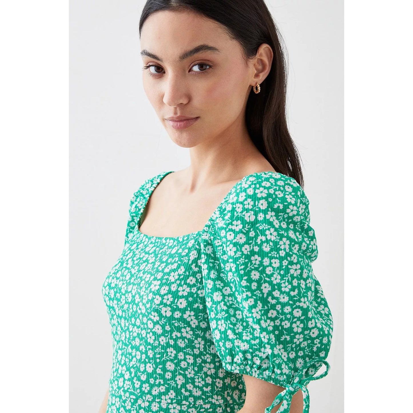 Green - Side - Dorothy Perkins Womens-Ladies Ditsy Print Petite Tie Sleeves Mini Dress