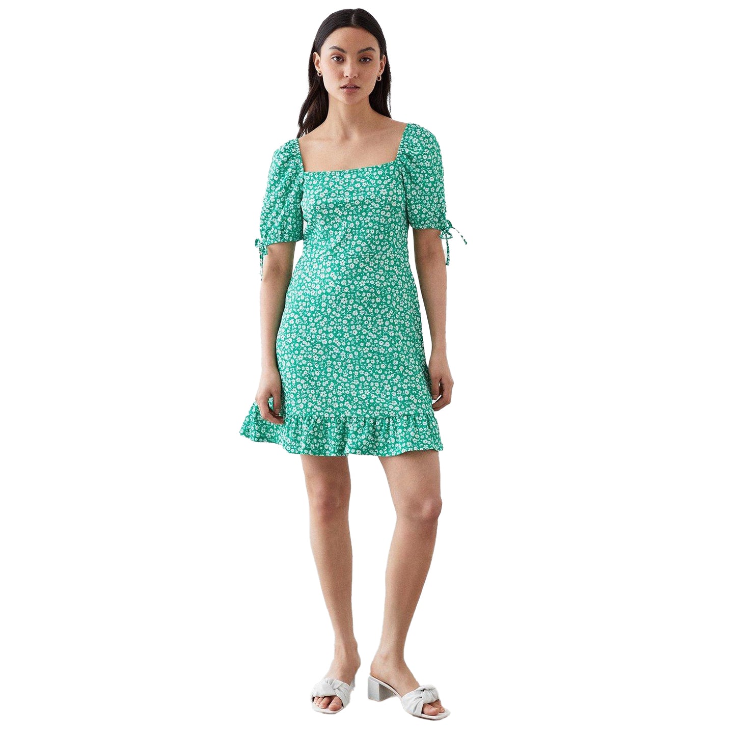 Green - Front - Dorothy Perkins Womens-Ladies Ditsy Print Petite Tie Sleeves Mini Dress