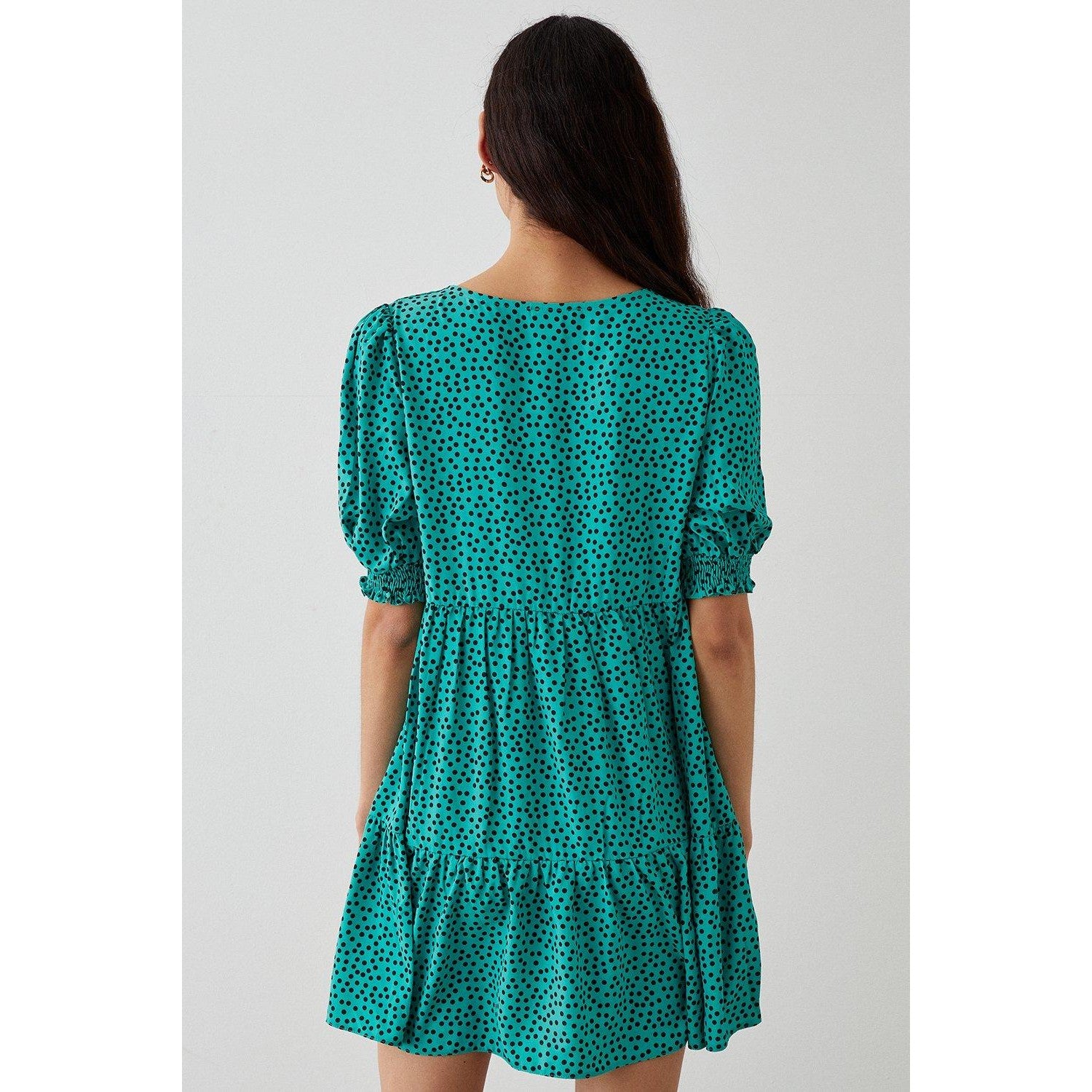 Green - Back - Dorothy Perkins Womens-Ladies Spotted Shirred Cuff Smock Mini Dress