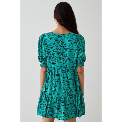 Green - Back - Dorothy Perkins Womens-Ladies Spotted Shirred Cuff Smock Mini Dress