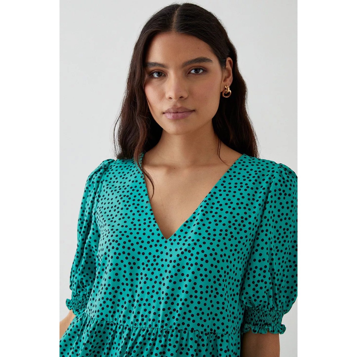 Green - Side - Dorothy Perkins Womens-Ladies Spotted Shirred Cuff Smock Mini Dress