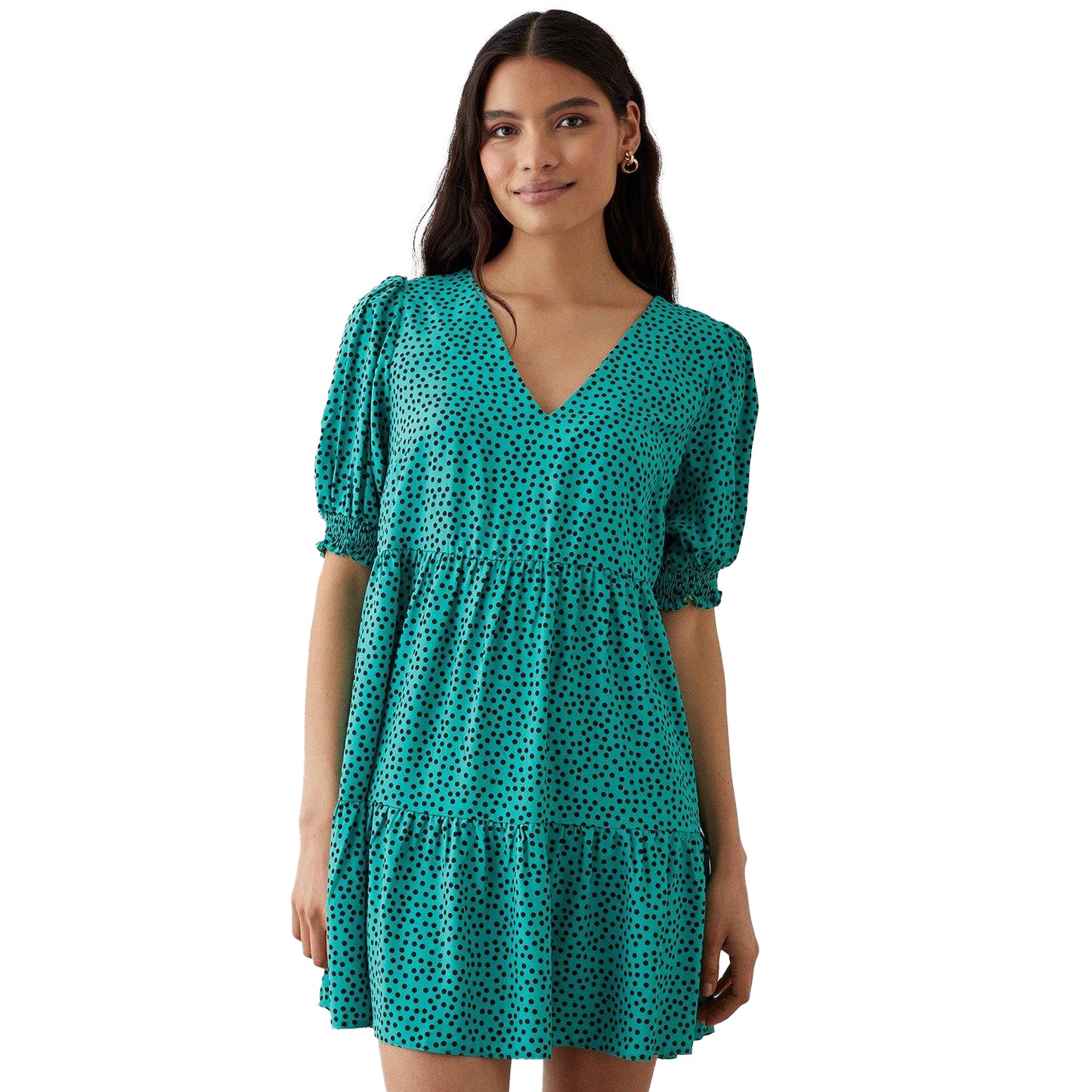 Green - Front - Dorothy Perkins Womens-Ladies Spotted Shirred Cuff Smock Mini Dress