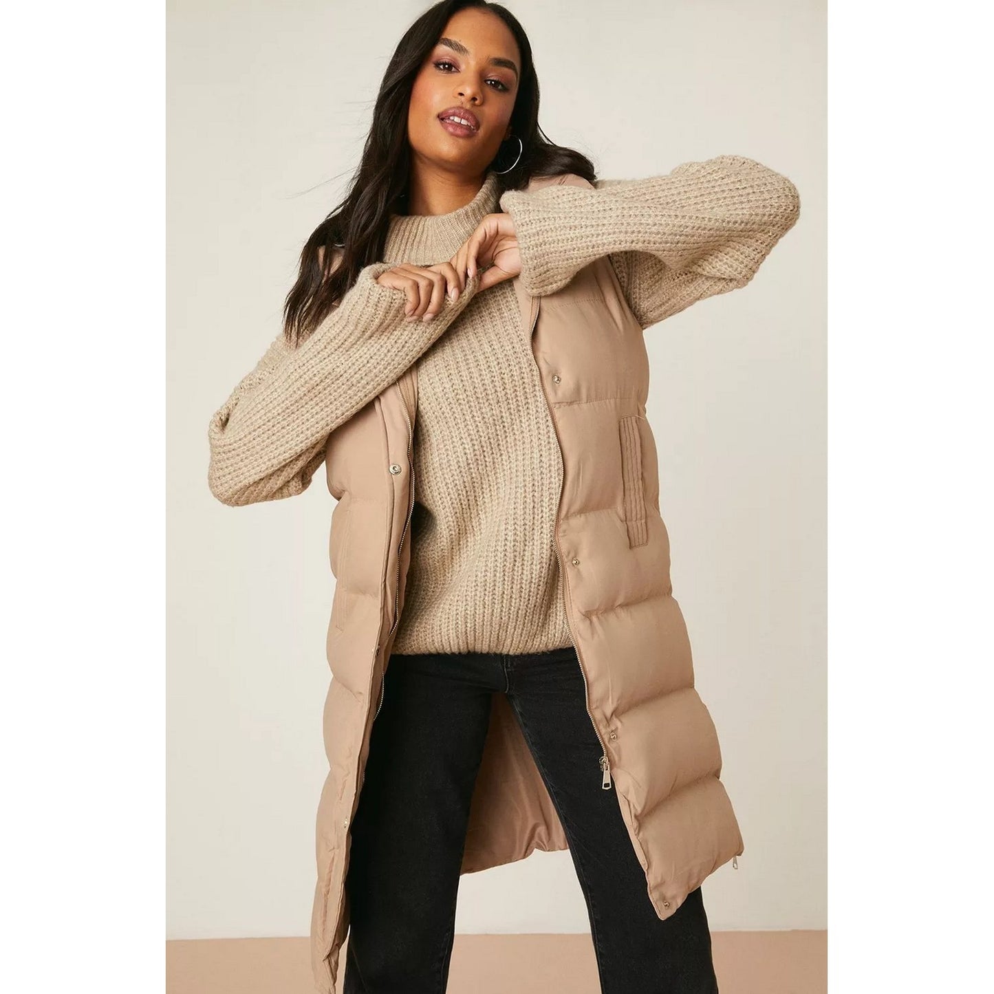 Taupe - Pack Shot - Dorothy Perkins Womens-Ladies Hooded Maxi Gilet