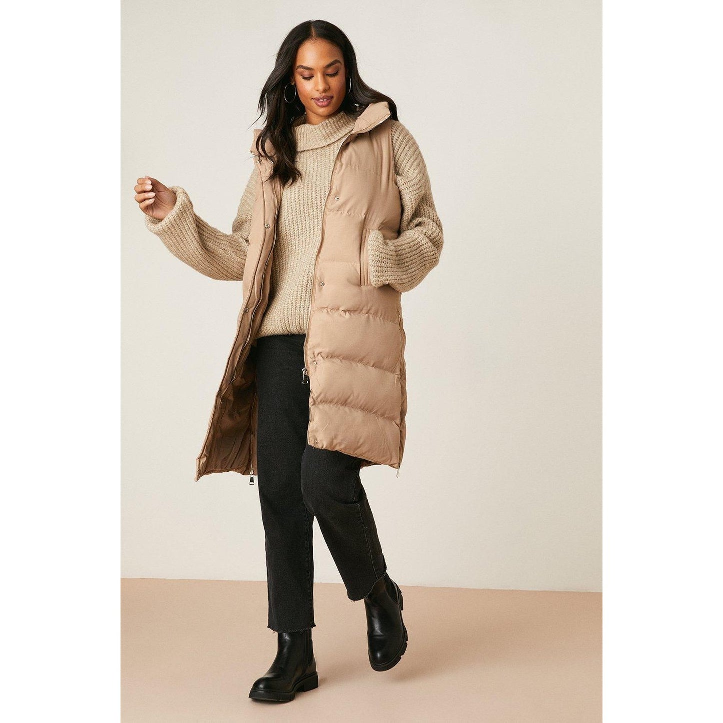 Taupe - Close up - Dorothy Perkins Womens-Ladies Hooded Maxi Gilet