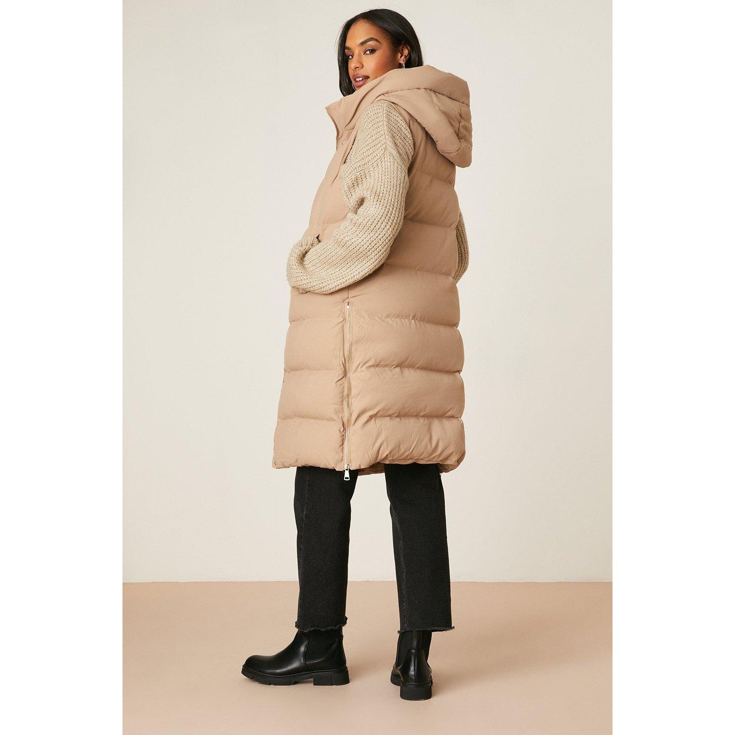 Taupe - Back - Dorothy Perkins Womens-Ladies Hooded Maxi Gilet