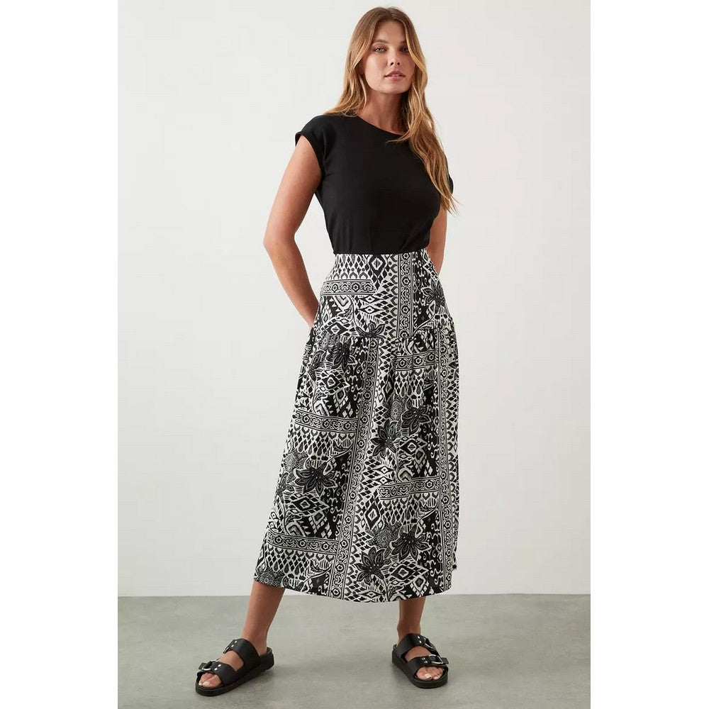 Monochrome - Side - Dorothy Perkins Womens-Ladies Scarf Print Drop Hem Midi Skirt