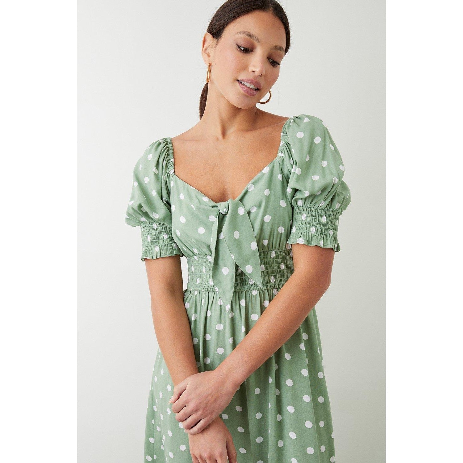 Sage - Back - Dorothy Perkins Womens-Ladies Spotted Shirred Midi Dress