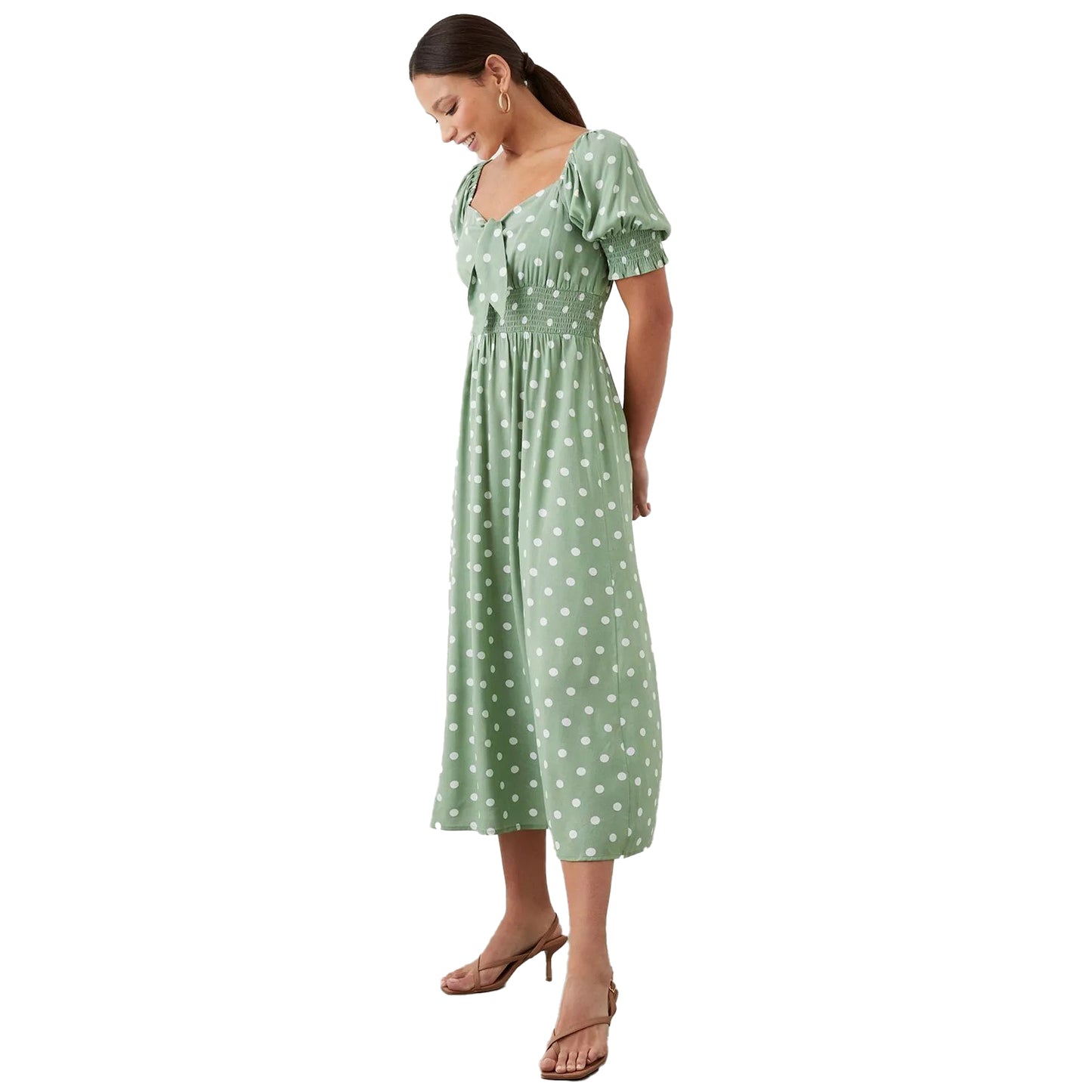 Sage - Front - Dorothy Perkins Womens-Ladies Spotted Shirred Midi Dress