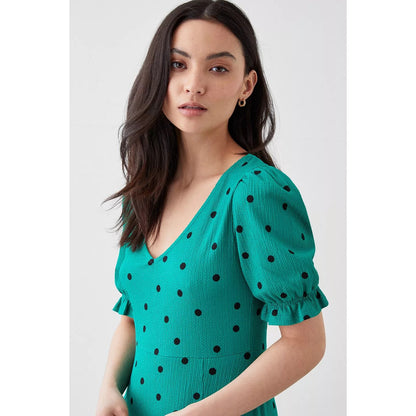 Green - Side - Dorothy Perkins Womens-Ladies Spotted V Neck Petite Midi Dress