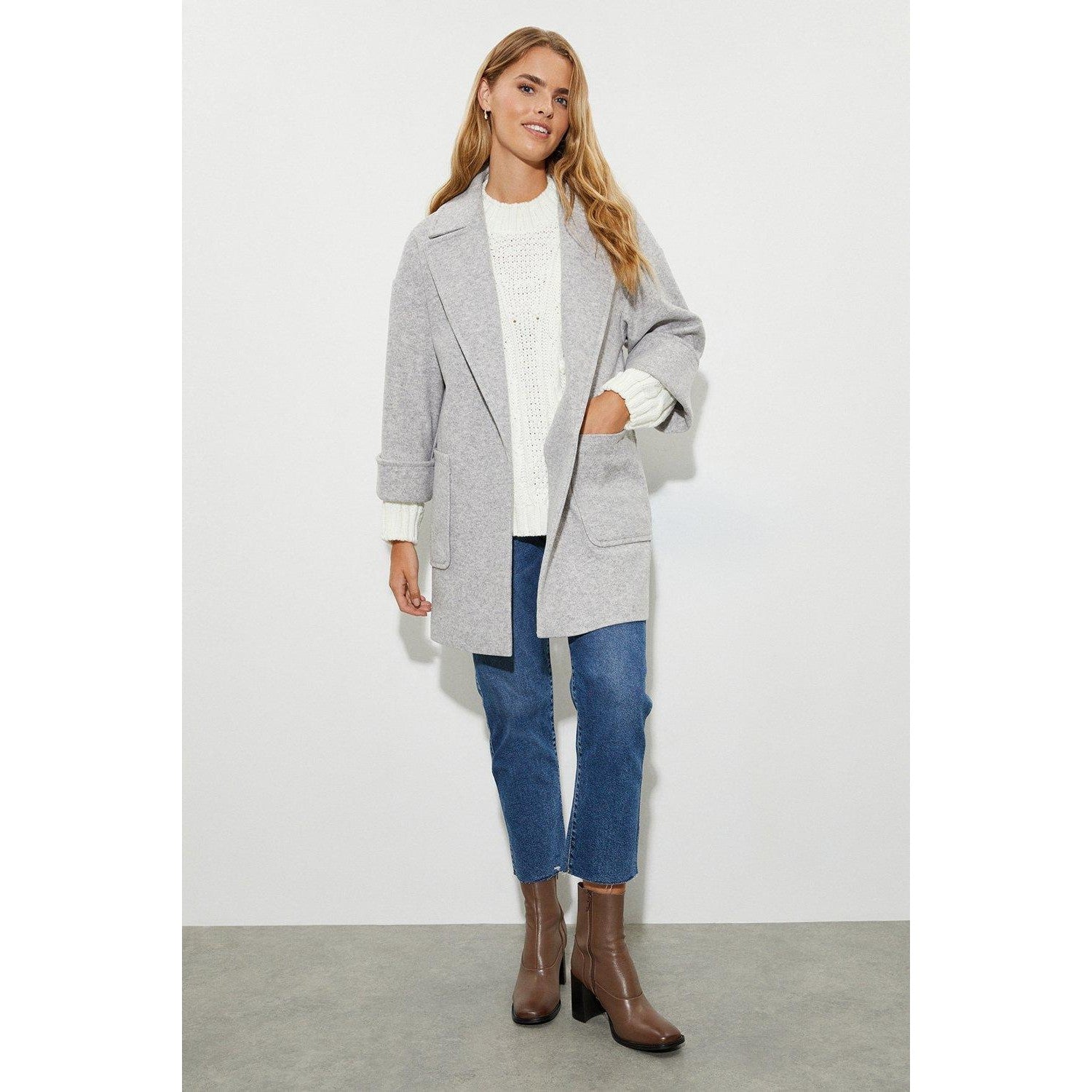 Grey Marl - Close up - Dorothy Perkins Womens-Ladies Edge To Edge Relaxed Fit Coat