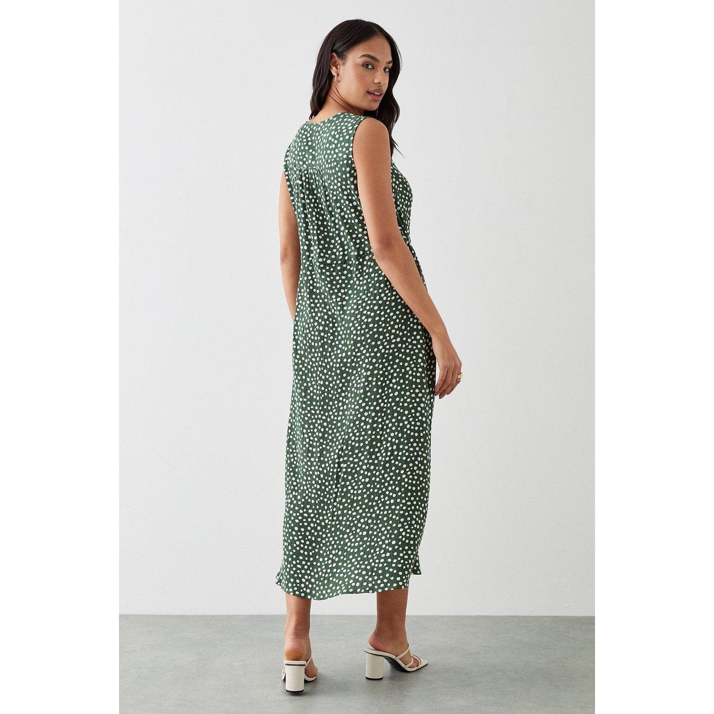 Khaki - Back - Dorothy Perkins Womens-Ladies Spotted Midi Sleeveless Shirt Dress