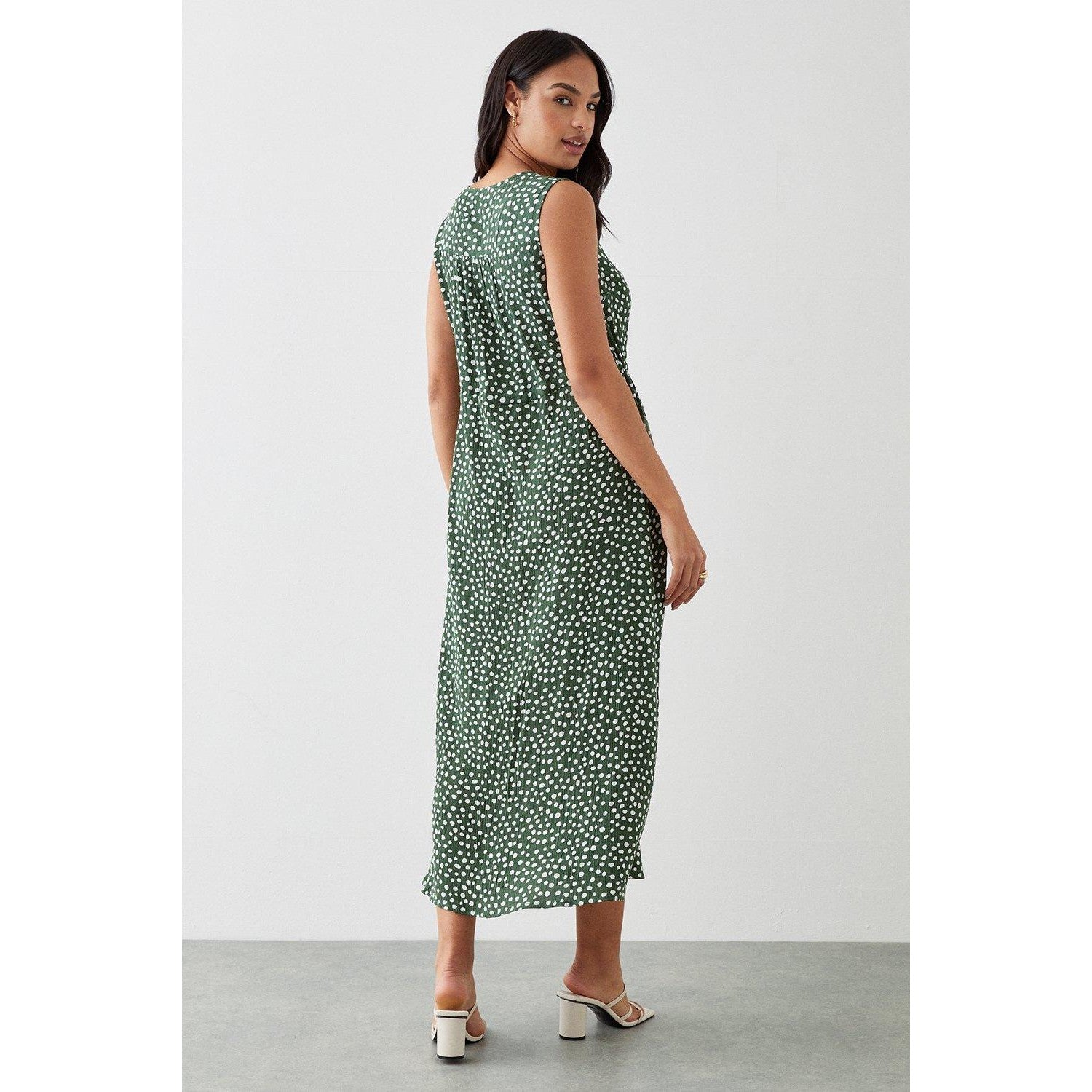 Khaki - Back - Dorothy Perkins Womens-Ladies Spotted Midi Sleeveless Shirt Dress