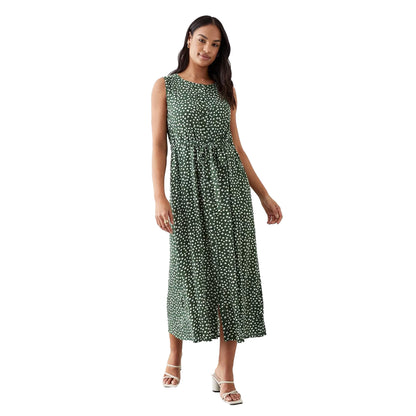 Khaki - Front - Dorothy Perkins Womens-Ladies Spotted Midi Sleeveless Shirt Dress