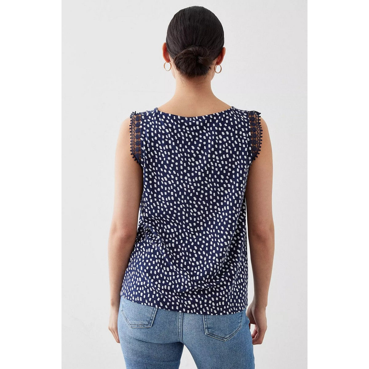 Navy - Back - Dorothy Perkins Womens-Ladies Printed Lace Detail Petite Top