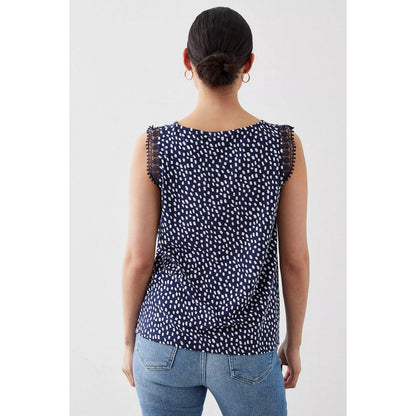 Navy - Back - Dorothy Perkins Womens-Ladies Printed Lace Detail Petite Top