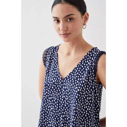 Navy - Side - Dorothy Perkins Womens-Ladies Printed Lace Detail Petite Top