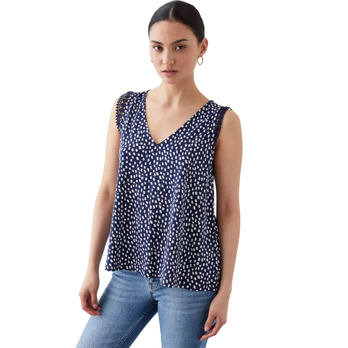 Navy - Front - Dorothy Perkins Womens-Ladies Printed Lace Detail Petite Top