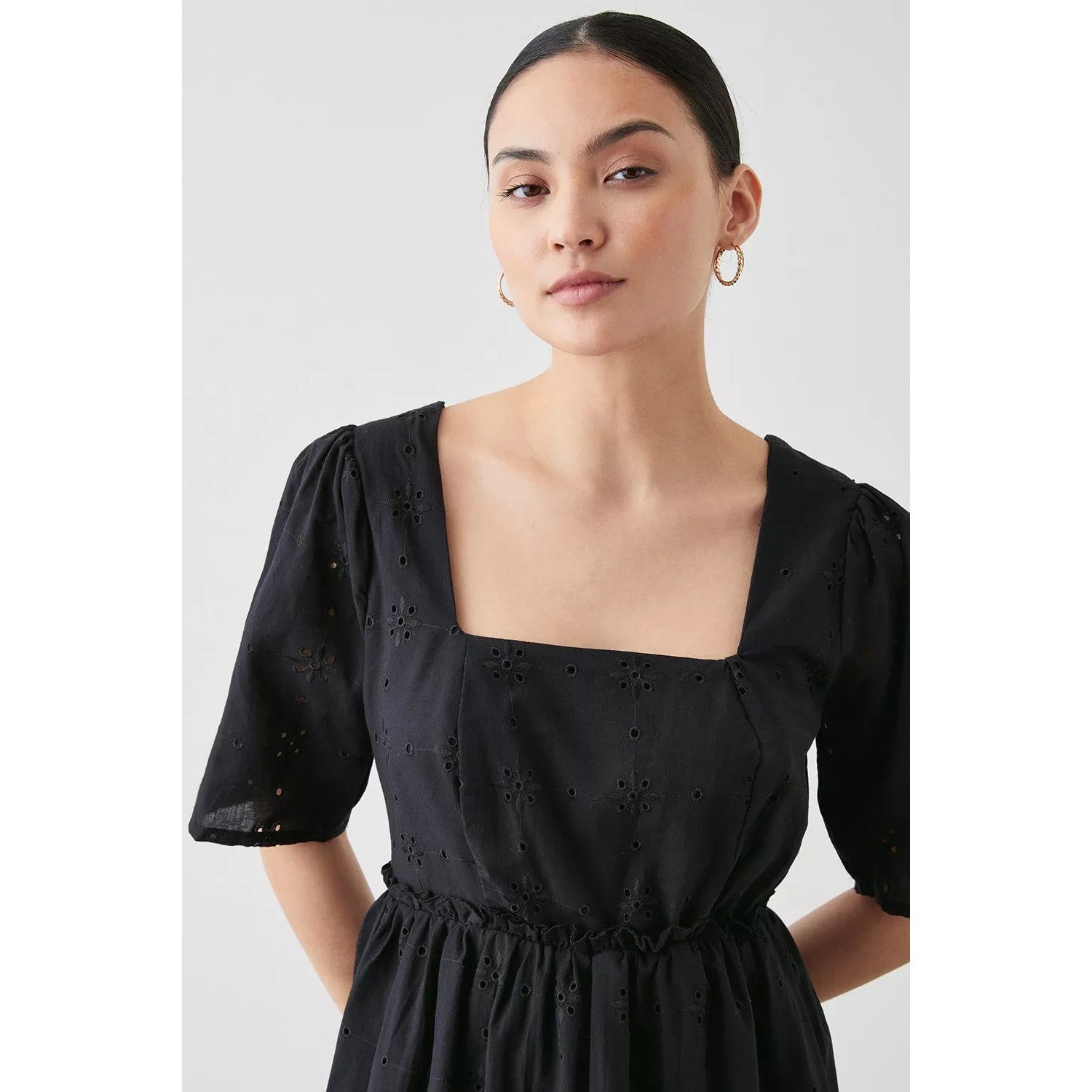 Black - Side - Dorothy Perkins Womens-Ladies Petite Broderie Square Neck Mini Dress