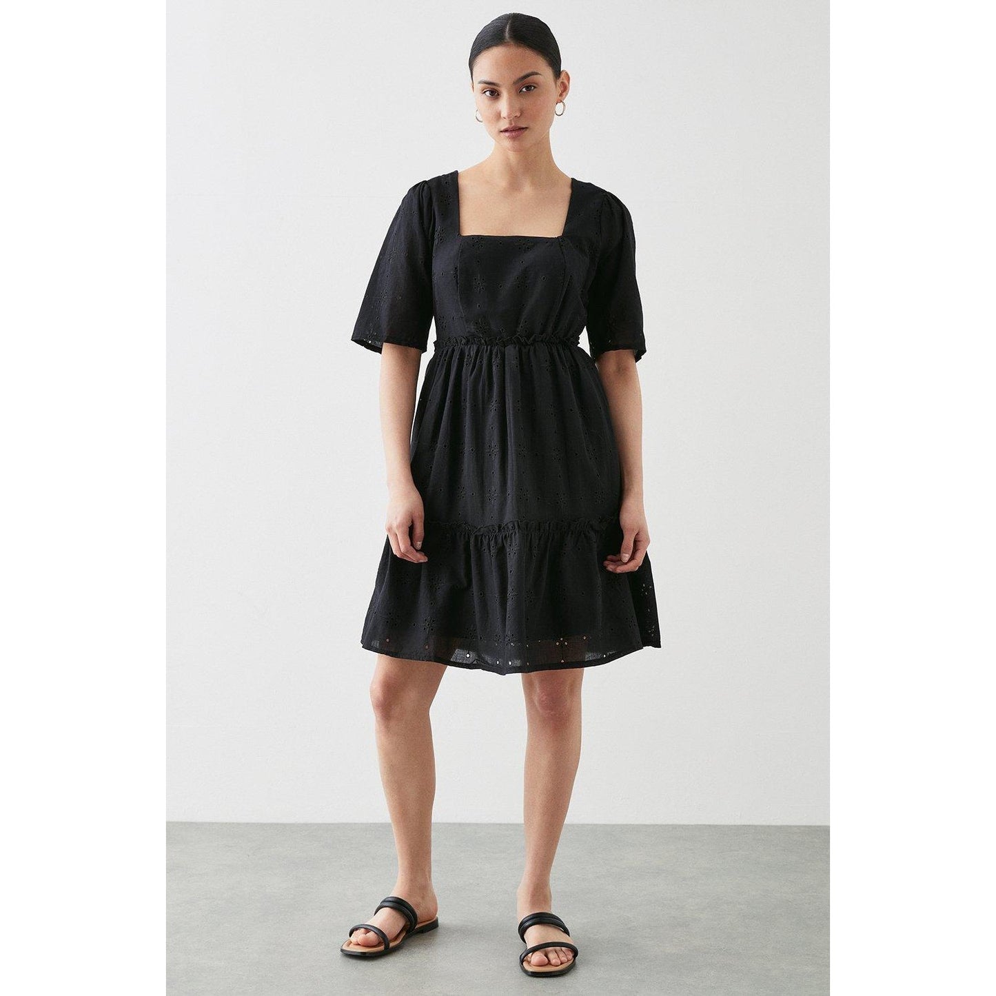 Black - Lifestyle - Dorothy Perkins Womens-Ladies Petite Broderie Square Neck Mini Dress