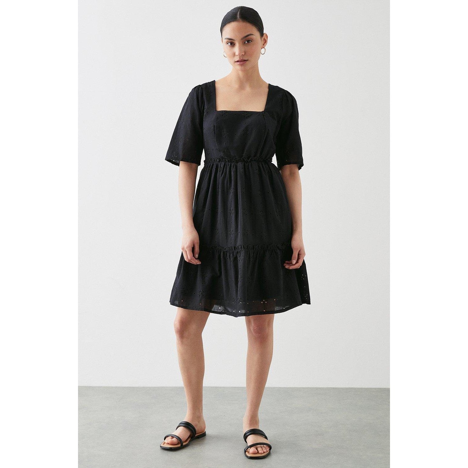Black - Lifestyle - Dorothy Perkins Womens-Ladies Petite Broderie Square Neck Mini Dress
